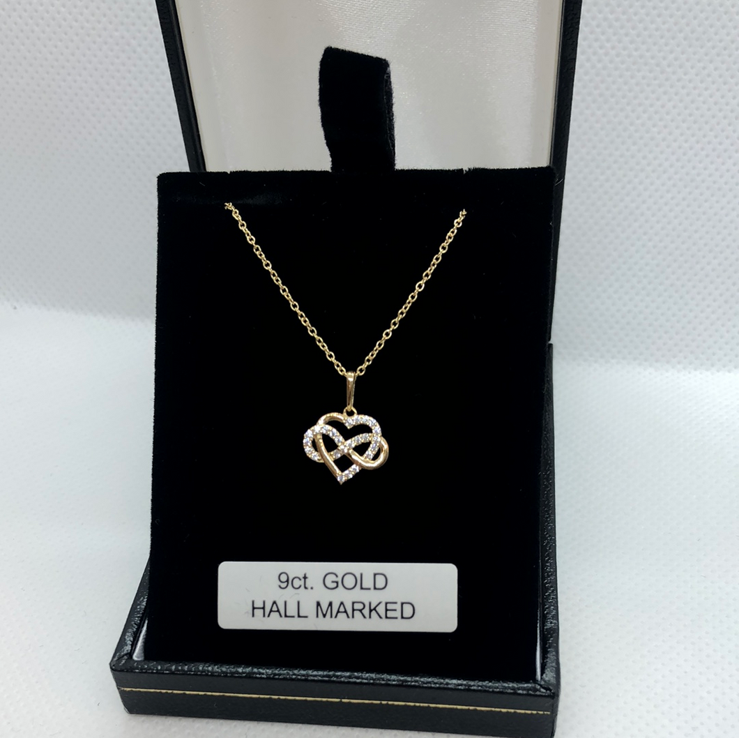 9ct gold and cubic heart / infinity pendant and 20” chain