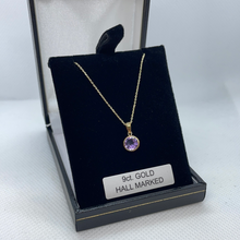 Load image into Gallery viewer, 9ct gold 18 inch chain with round amythest pendant
