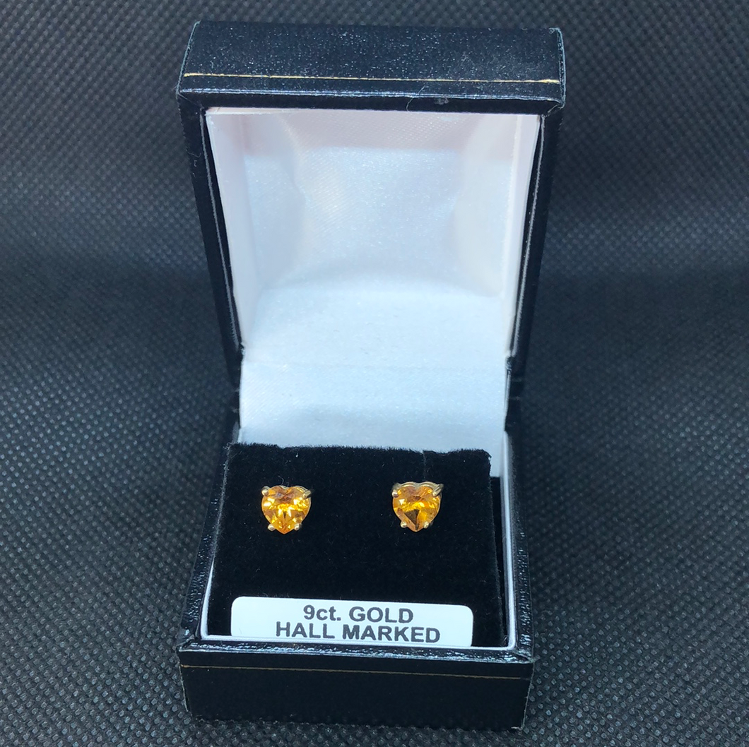 9ct Gold and Yellow Topaz Heart Shaped stud earrings