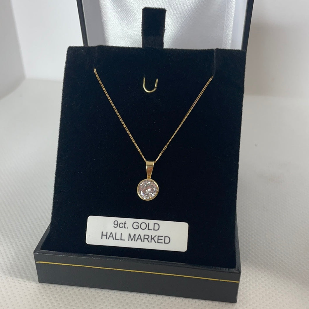 9ct gold round cubic zirconia pendant and chain