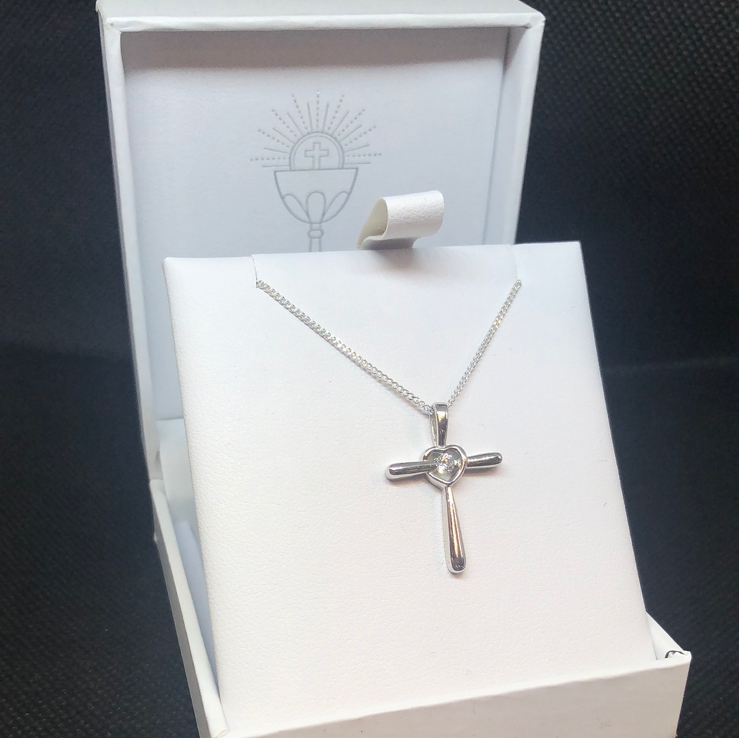 Sterling silver and CZ cross holy communion pendant and chain