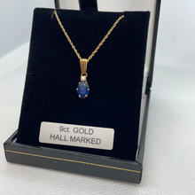 Load image into Gallery viewer, 9ct gold 18 inch chain with sapphire and diamond pendant
