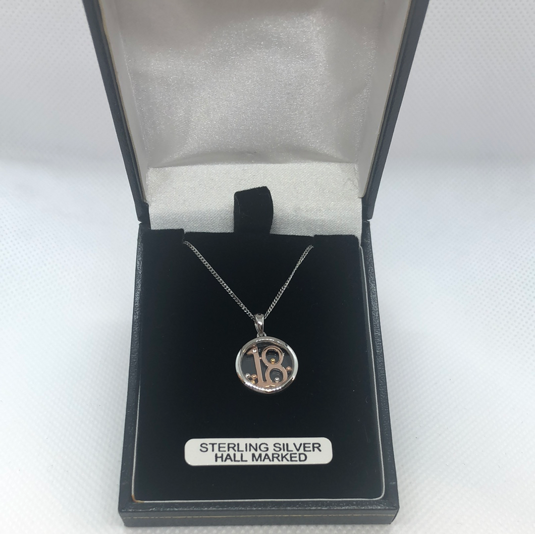 Sterling silver ‘18’ birthday celebration pendant and chain