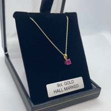 Load image into Gallery viewer, 9ct gold 18 inch chain with ruby pendant

